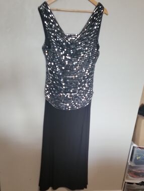 R&M Richards Black Sequin Draped Bodice Maxi Dress